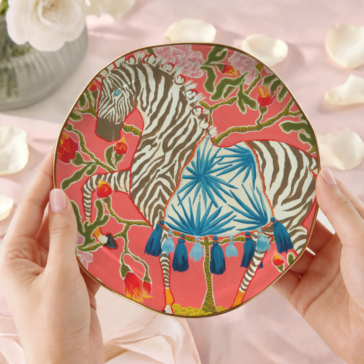 coral zebra with blue tassels 1323 Wavy Round Jewelry Dish