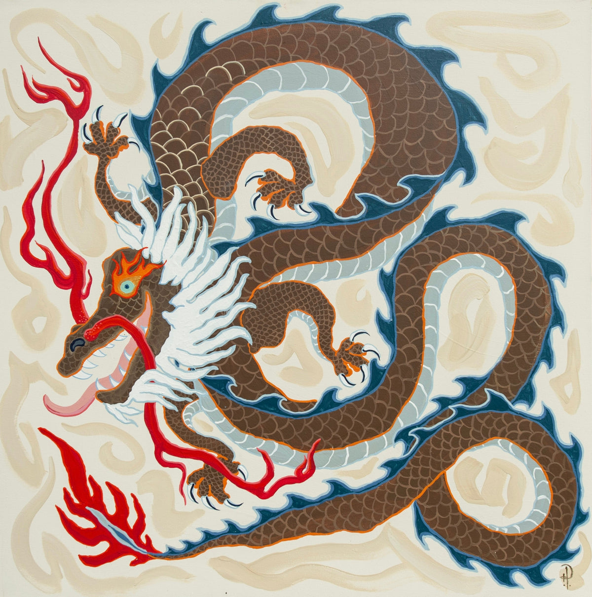 Dragon Brown Red Blue on Cream-Fine Art Print - Fine Art Print