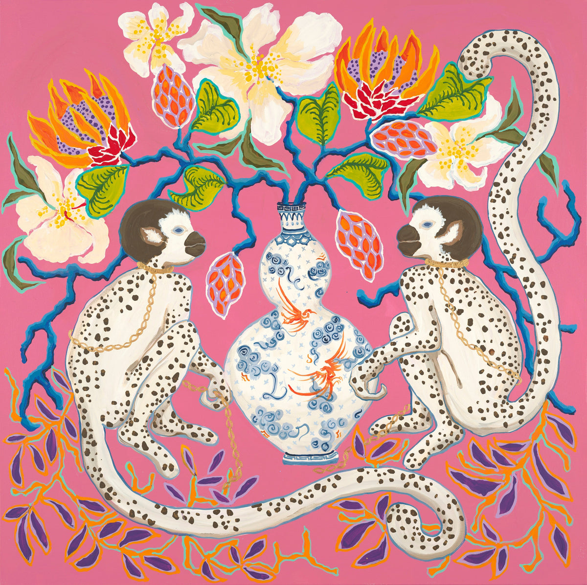 Monkeys on Pink Botanical - Fine Art Print