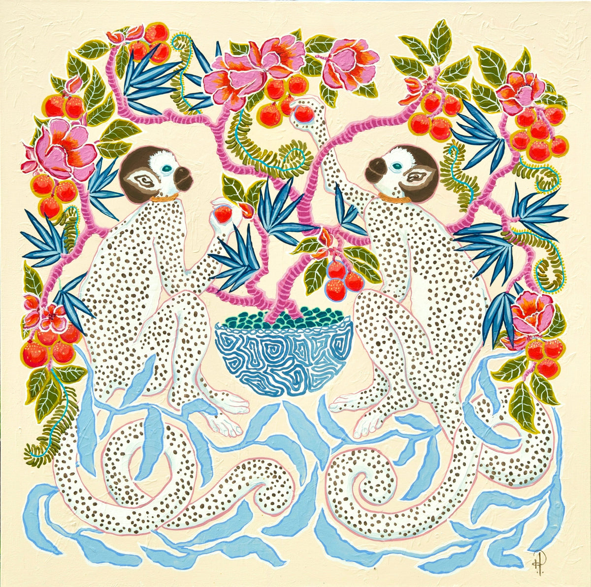 Monkeys Pink Flowers Blue Leaves - Fine Art Print