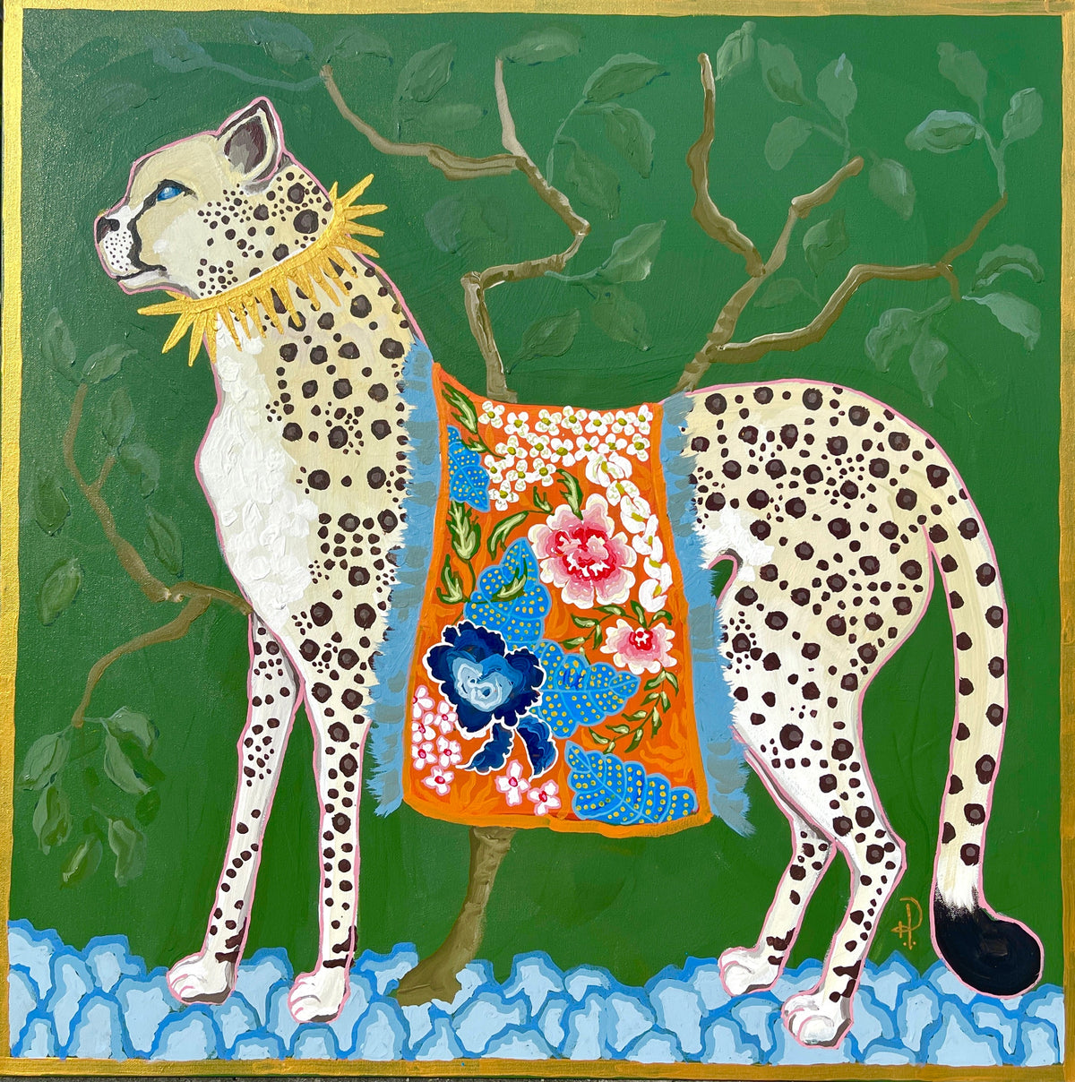 Cheetah on Green with Gold Spiked Collar and Orange Floral Blanket-Fine Art Print - Fine Art Print