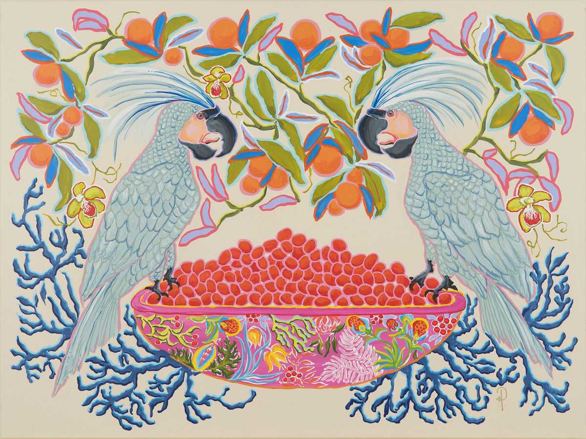 Blue Cockatoos with Blue Coral Oranges and Berries-Fine Art Print - Fine Art Print