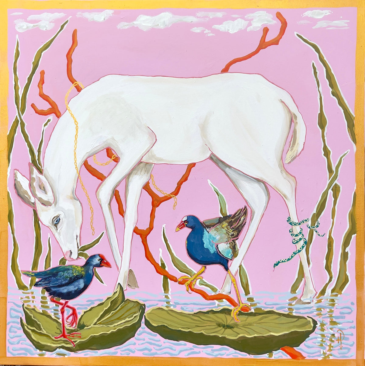 White Doe on Pink Wading with Purple Gallinules - Fine Art Print