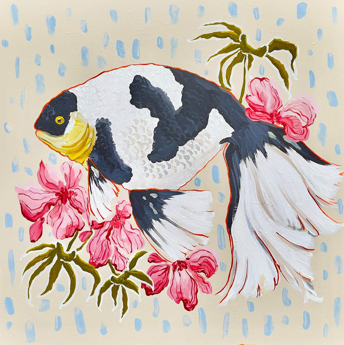 Black and White Goldfish Pink and Green Botanicals - Fine Art Print