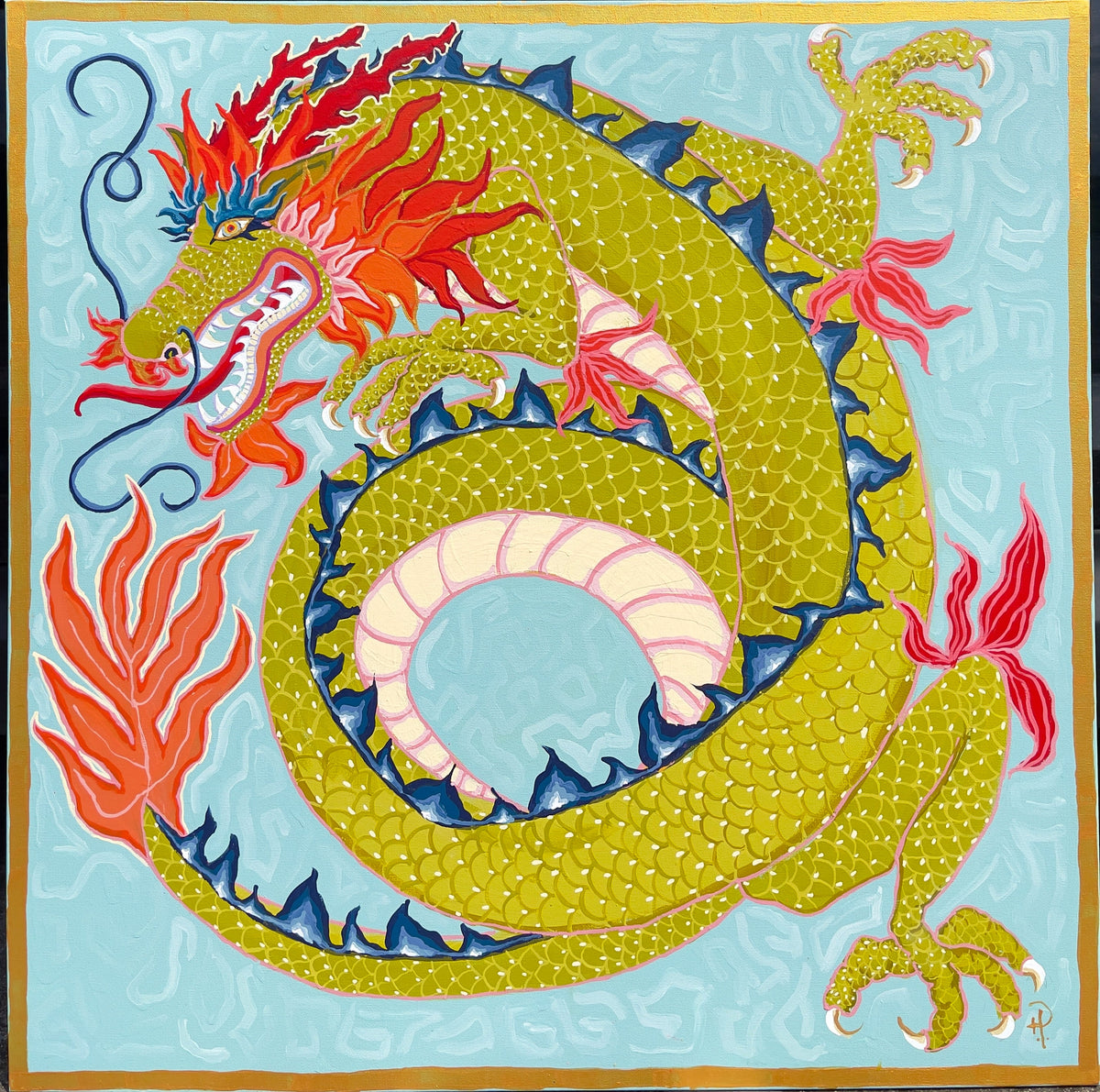 Dragon Chartreuse on Light Blue - Fine Art Print