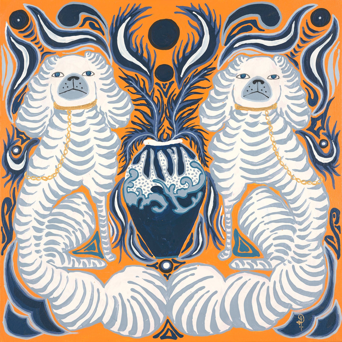 Staffordshire Dogs on Orange with Blue Feathered Leaves