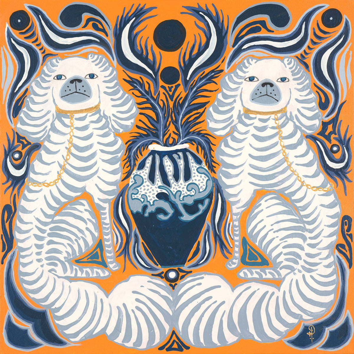 Staffordshire Dogs on Orange with Blue Feathered Leaves - Fine Art Print