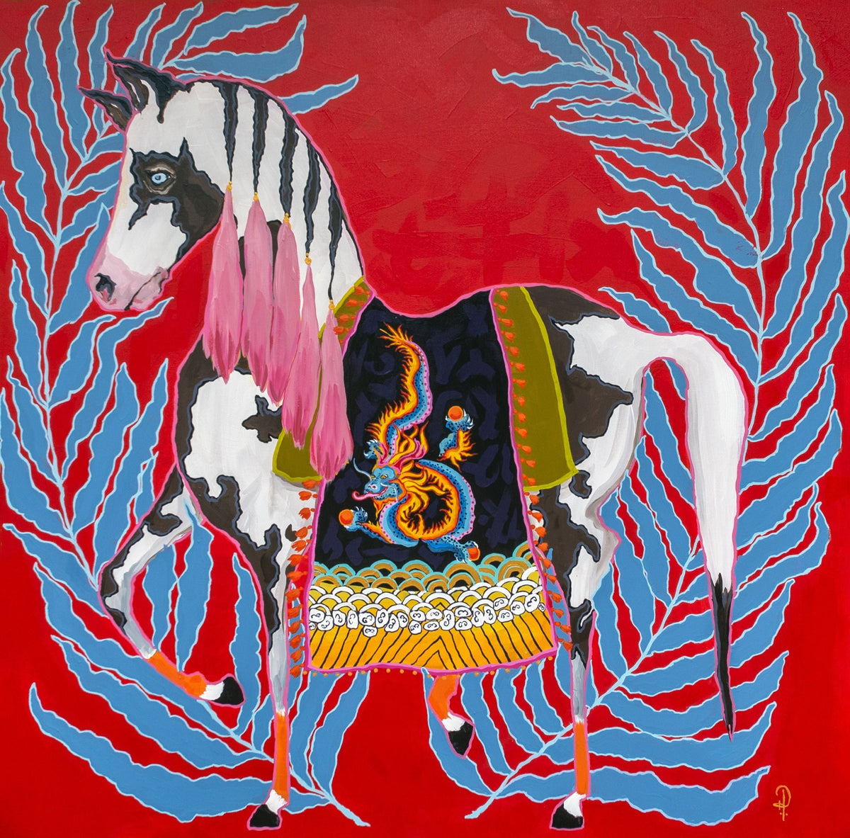 Horse on Red with Dragon Blanket - Fine Art Print