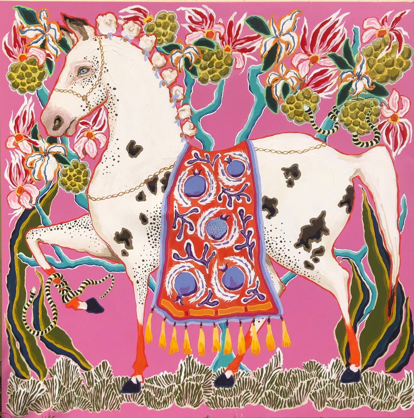 White Spotted Horse on Pink with Bergamot
