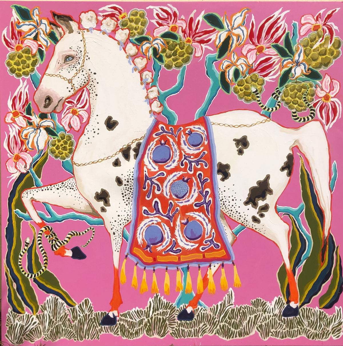 White Spotted Horse on Pink with Bergamot - Fine Art Print