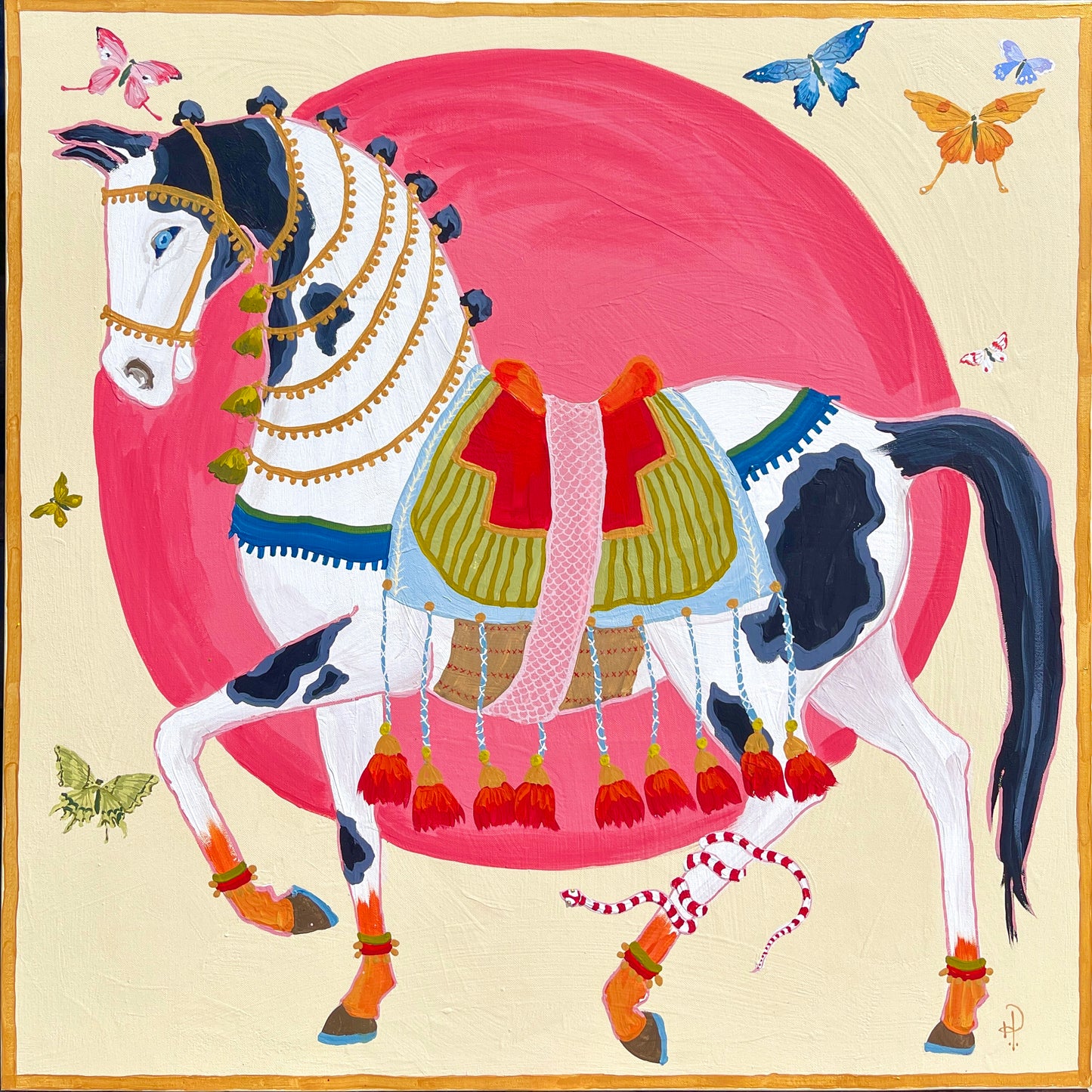Black and White Horse, Rising Sun and Butterflies