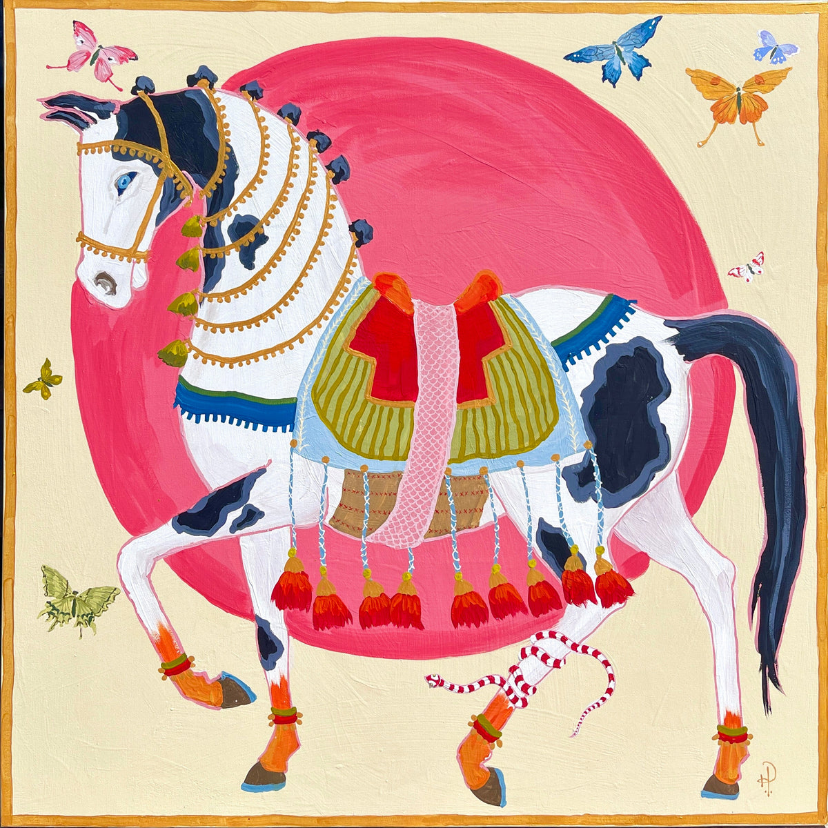 Black and White Horse Rising Sun and Butterflies - Fine Art Print