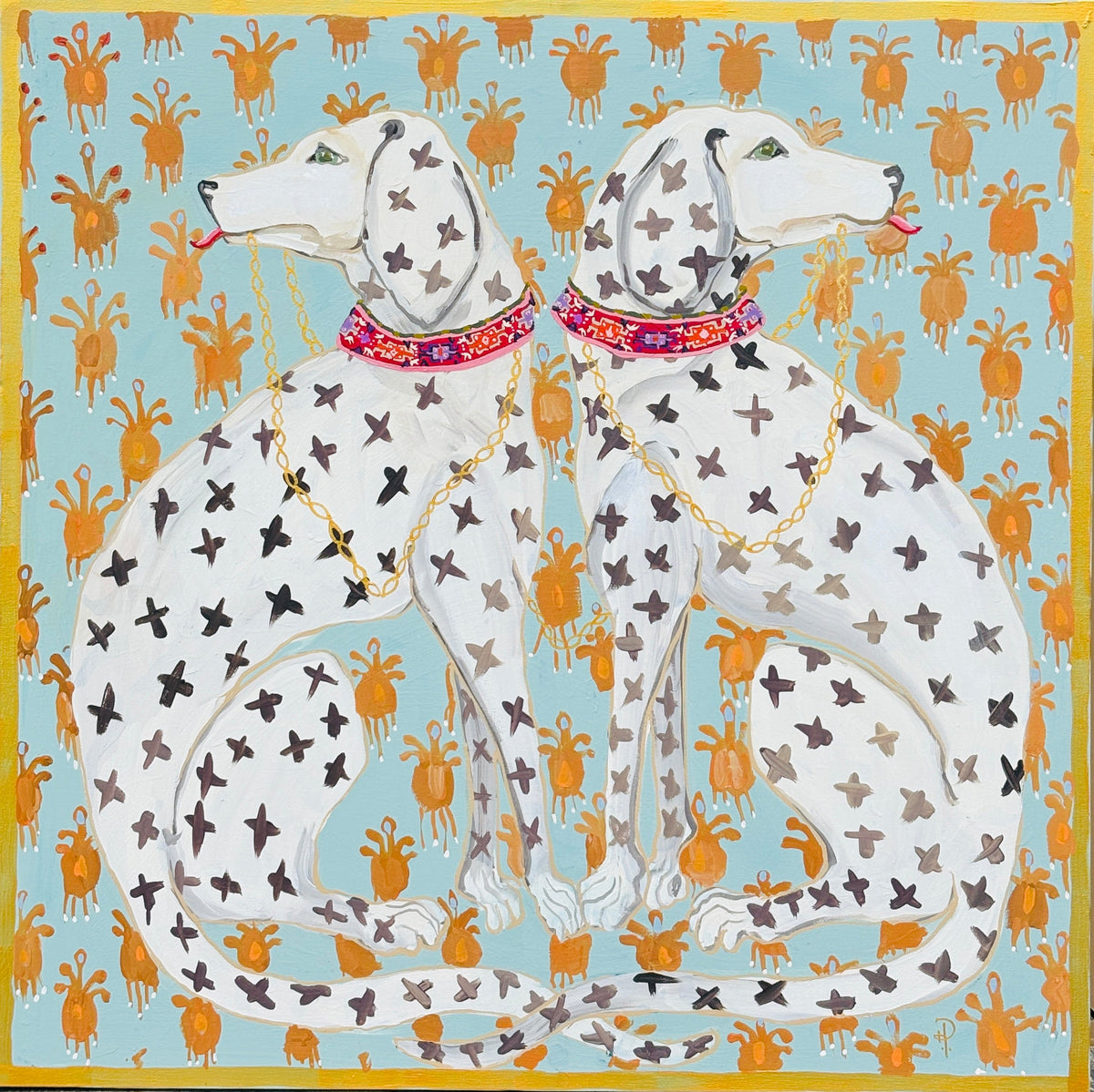 Dogs on Blue and Gold Pattern - Fine Art Print