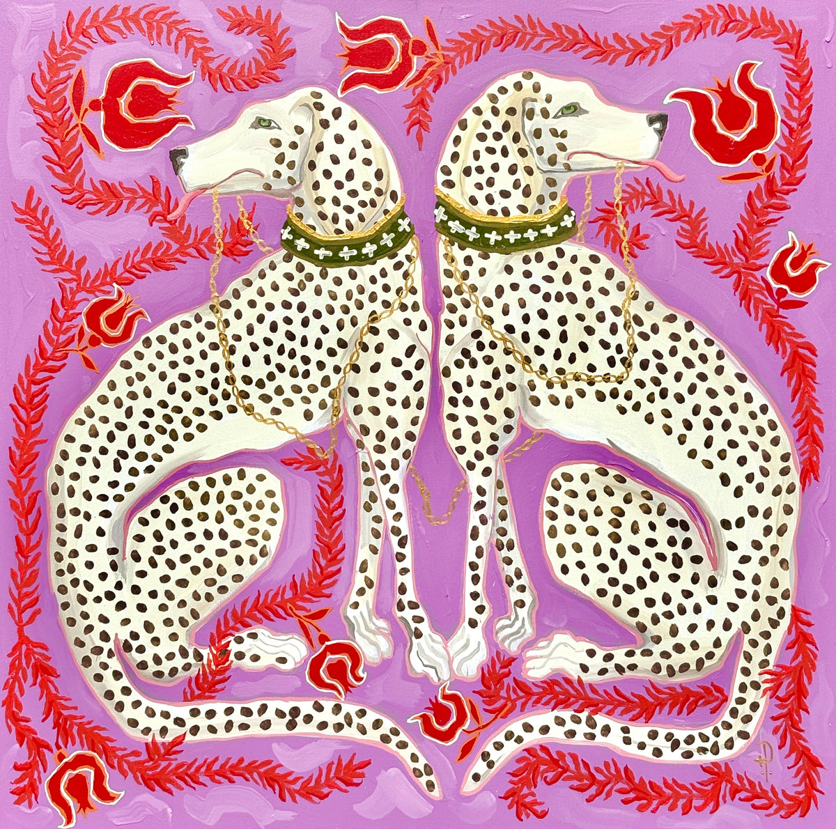 Dogs on Lavender and Red Vines - Fine Art Print