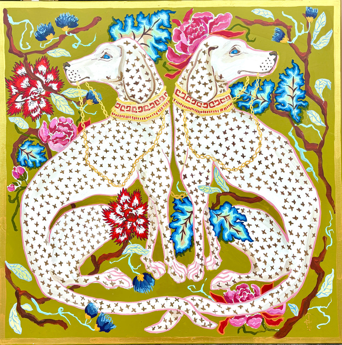 Dogs on Chartreuse with Branches and Flowers - Fine Art Print