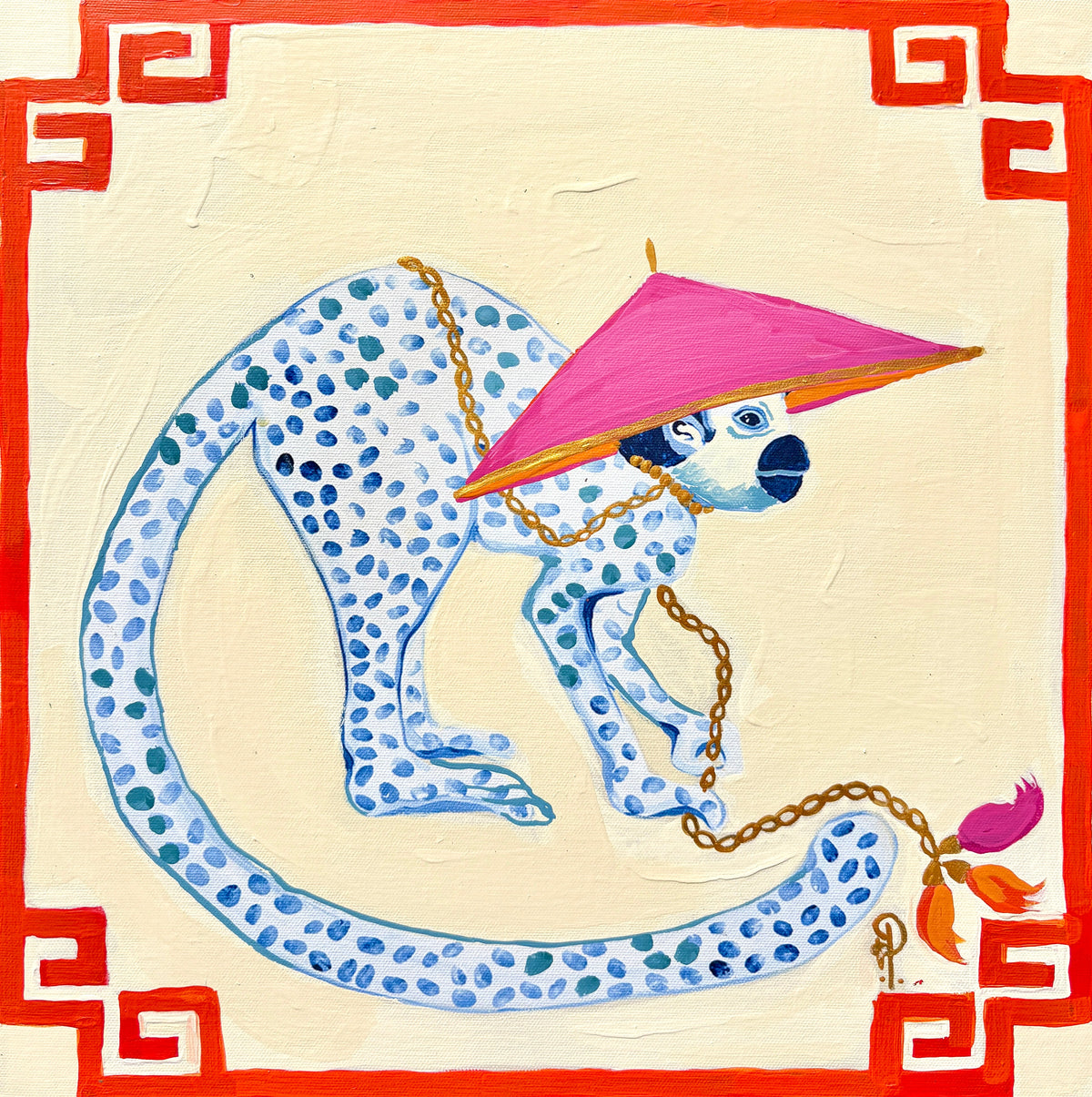 Monkey in Pink Hat Red Border-right facing - Fine Art Print