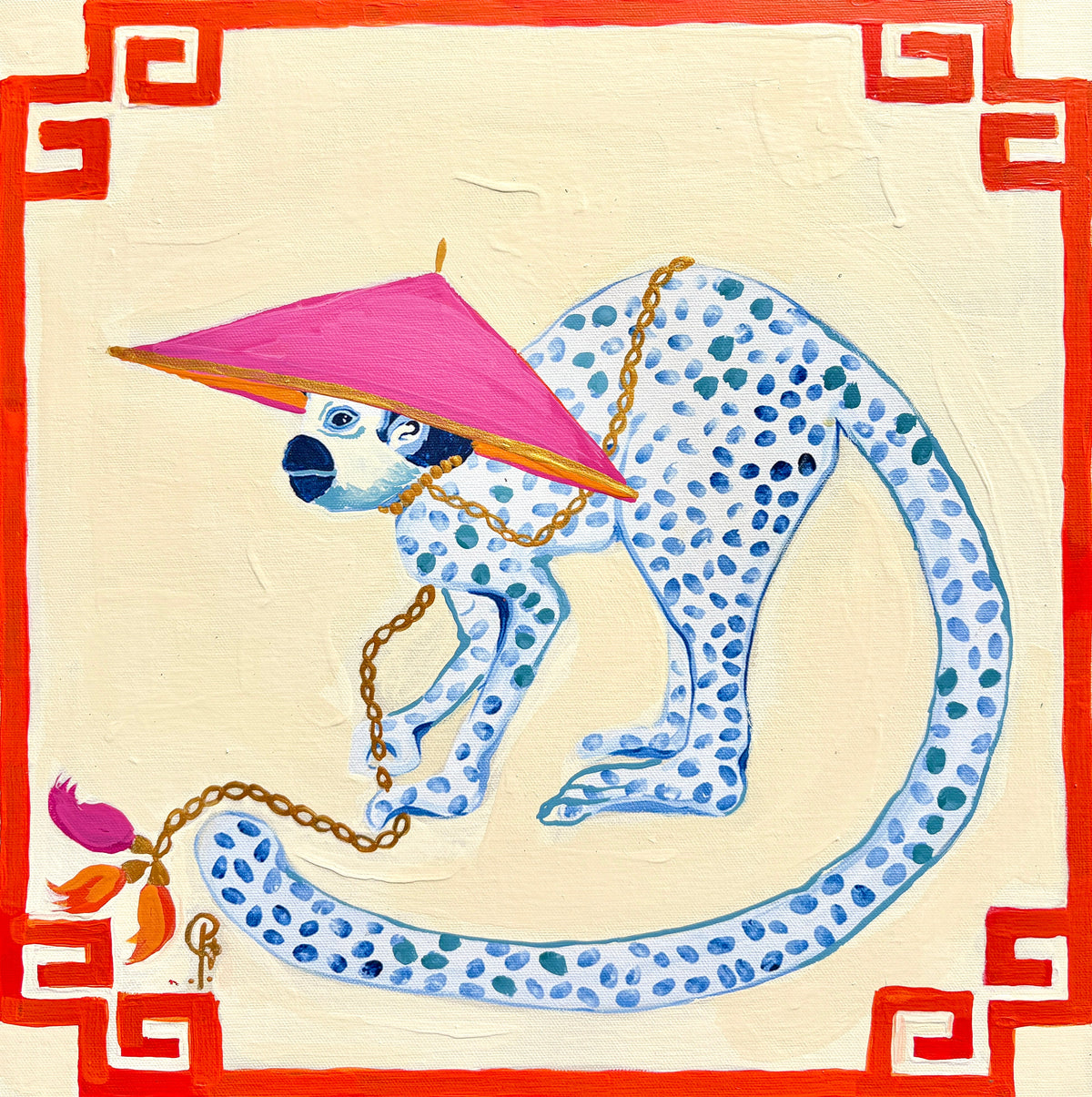 Monkey in Pink Hat Red Border-left facing - Fine Art Print