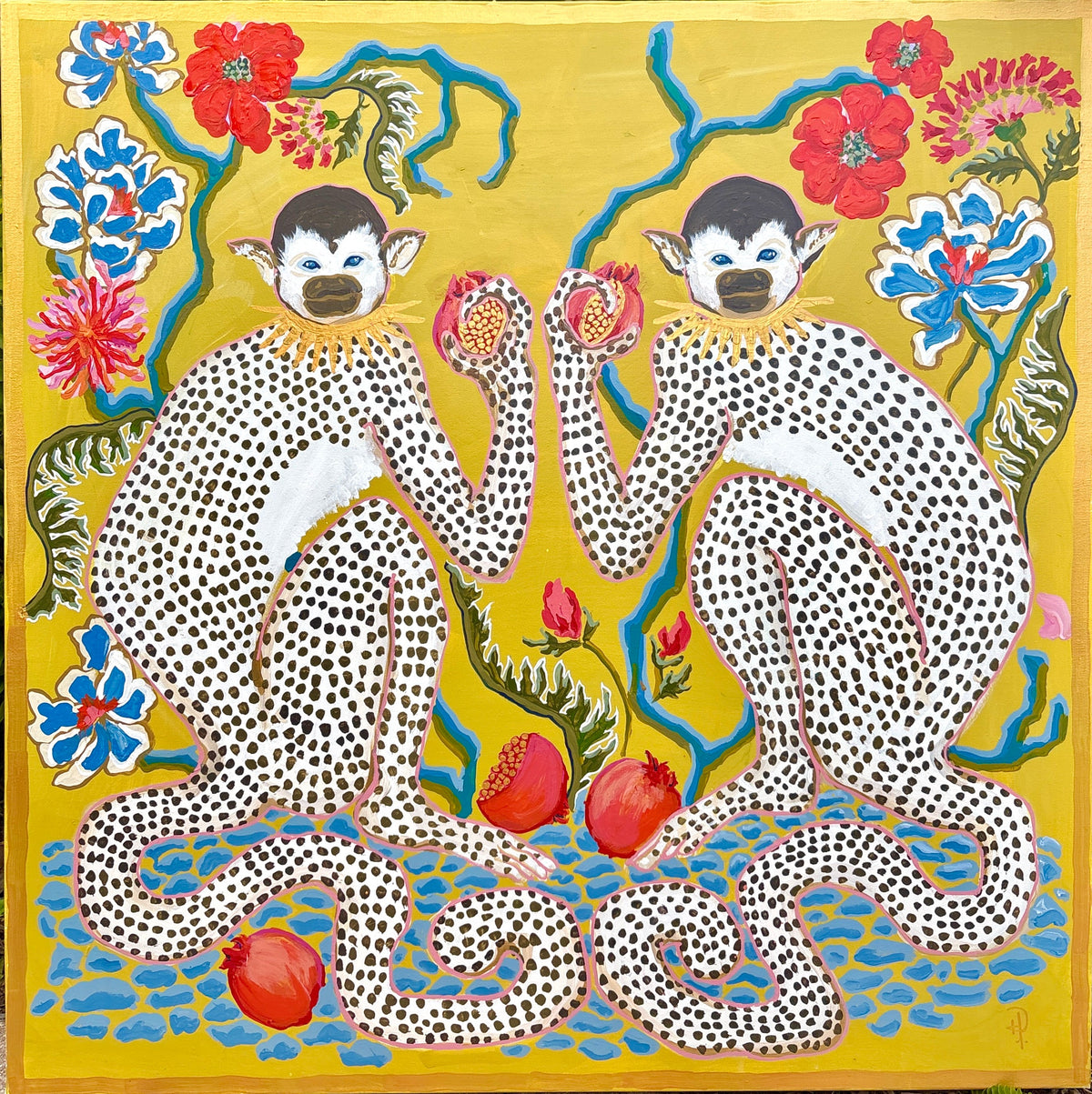 Spotted Monkeys on Acid Yellow with Fallen Pomegranates - Fine Art Print