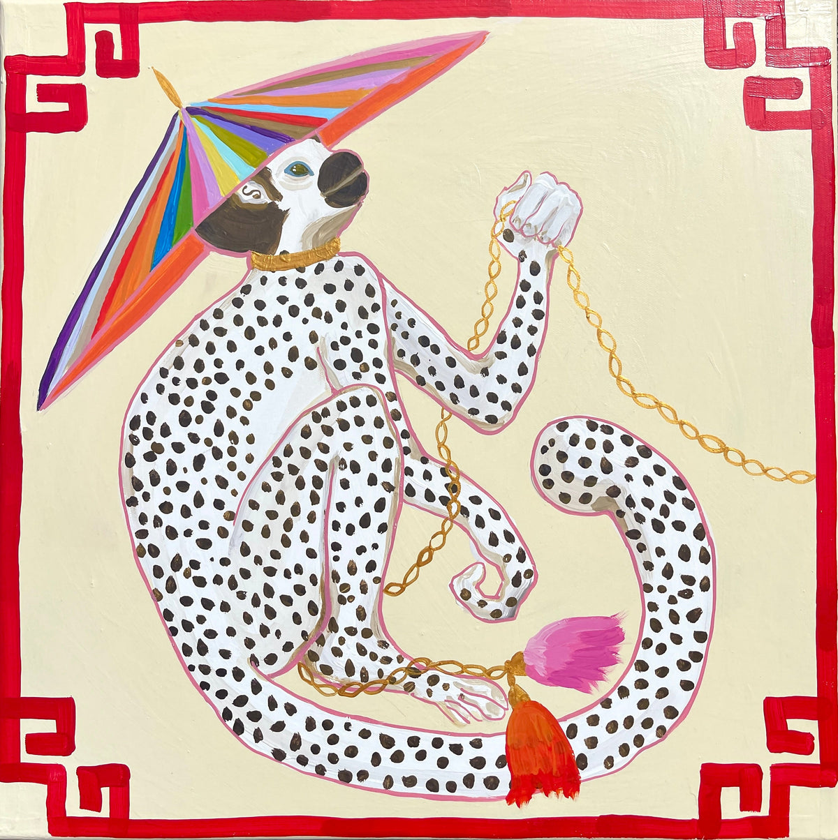 Monkey in Colorful Hat holding Gold Chain-facing right - Fine Art Print