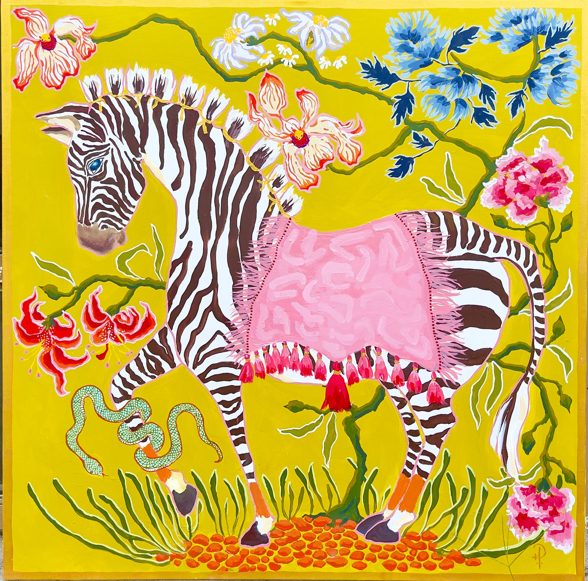 Zebra on Yellow with Snake and Flowering Tree - Fine Art Print