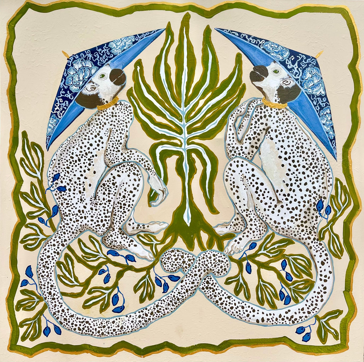 Monkeys in Hats Blues and Greens - Fine Art Print