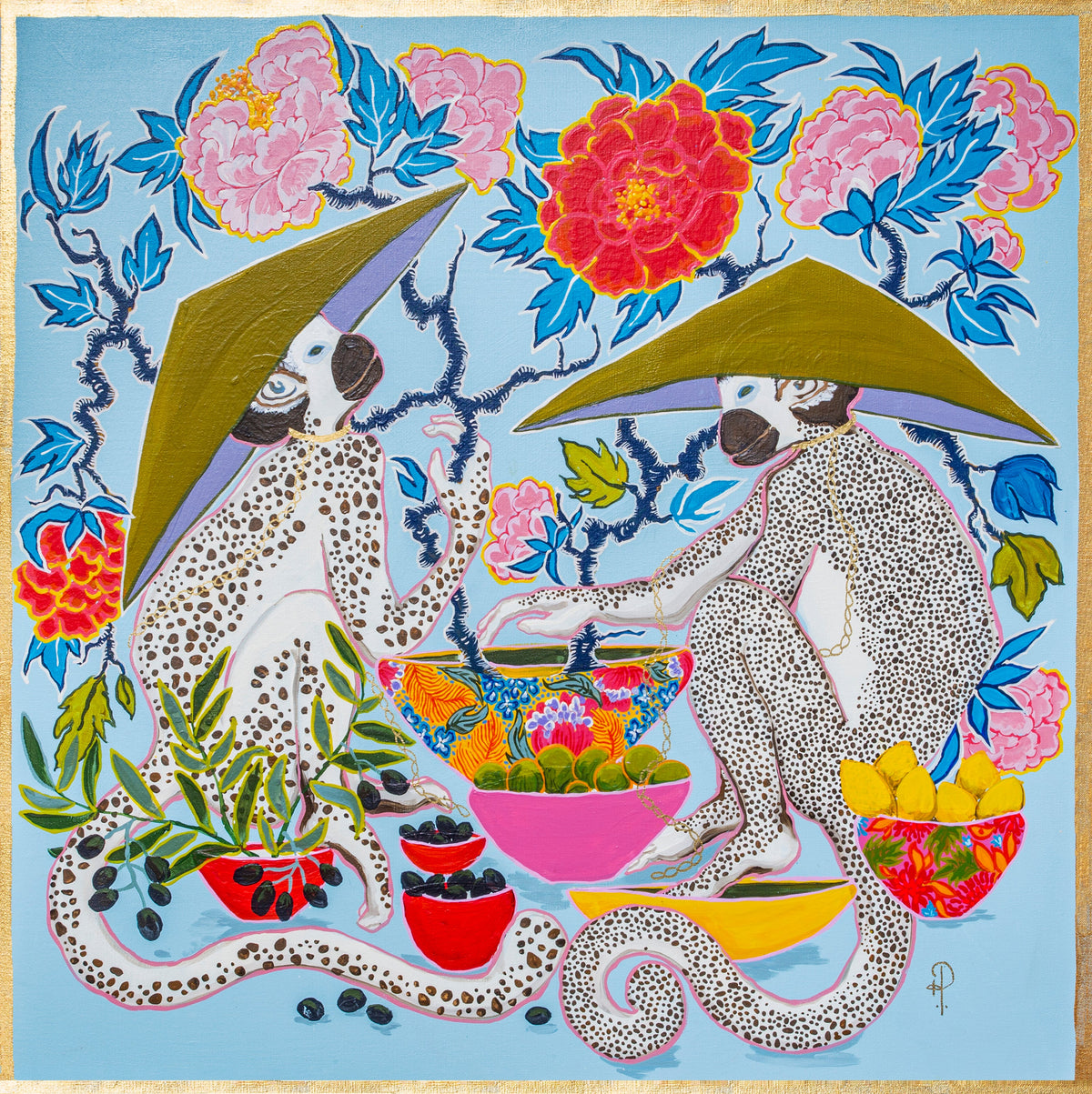 Monkeys in Hats on Blue with Branches Blossoms Olives and Lemons - Fine Art Print