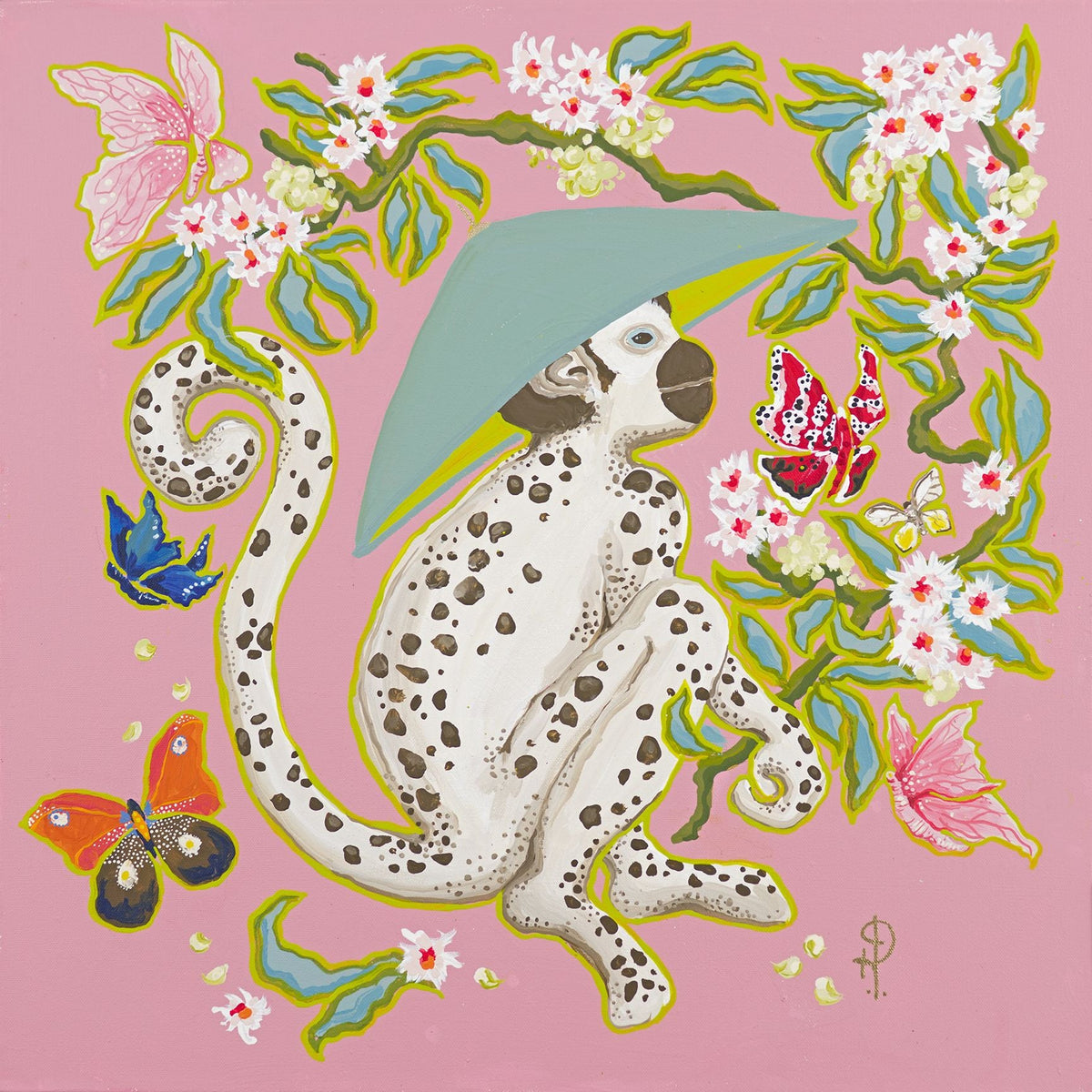Monkeys in Hat on Pink with Butterflies-right facing - Fine Art Print