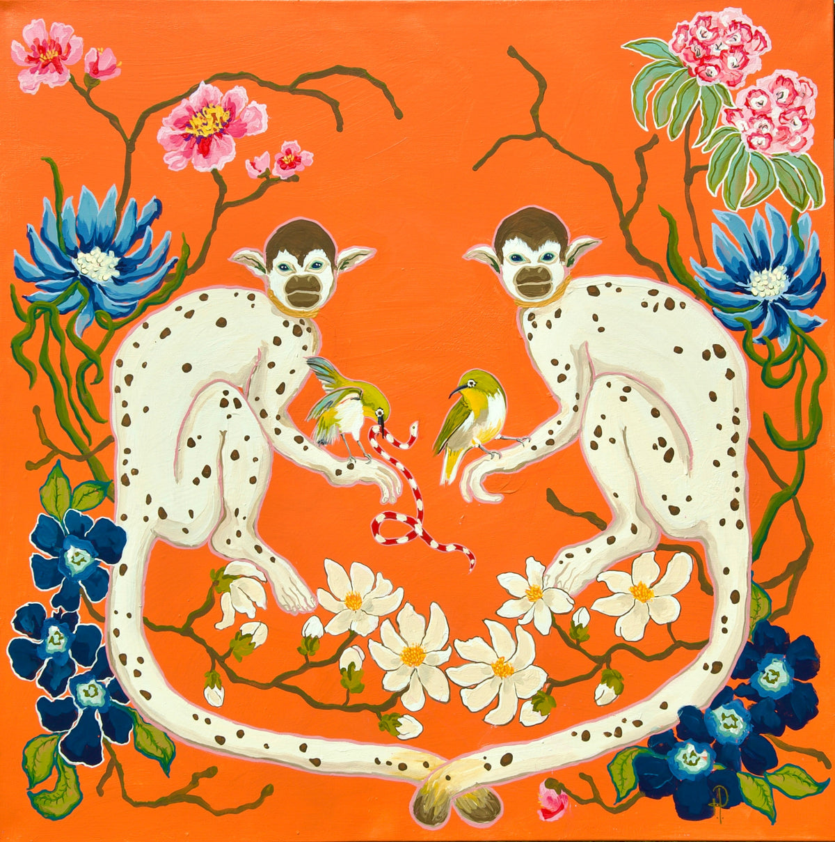 Monkeys on Orange Navy Flowers Snake and Birds - Fine Art Print