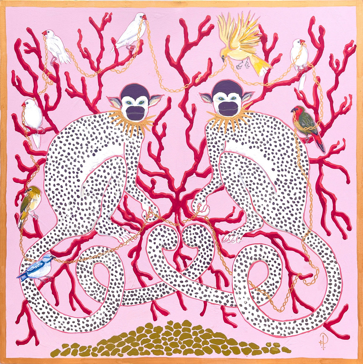 Monkeys on Pink with Coral Birds and Gold Chains - Fine Art Print