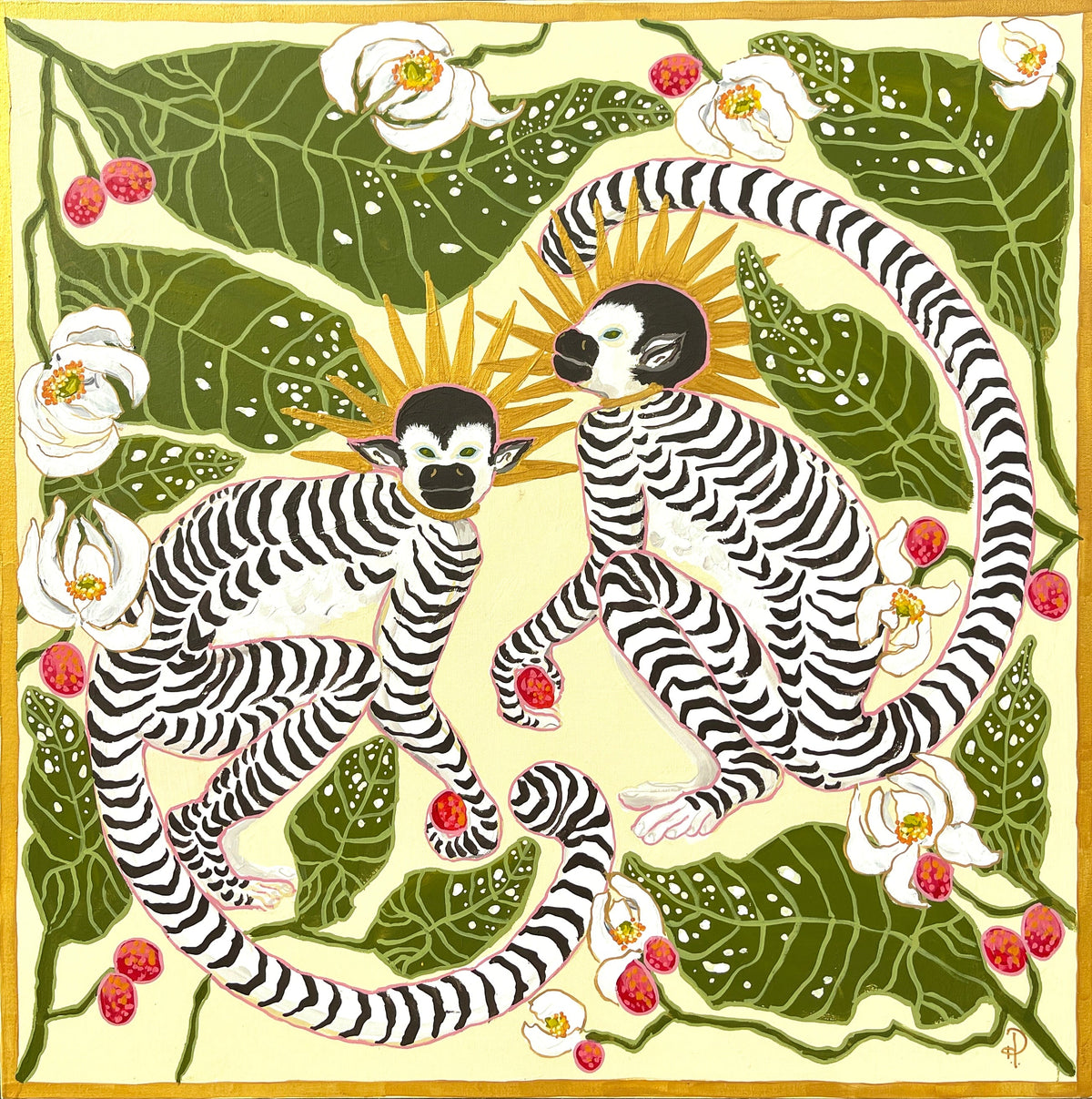 Monkeys Black and White Striped with Leaves and Lychees - Fine Art Print