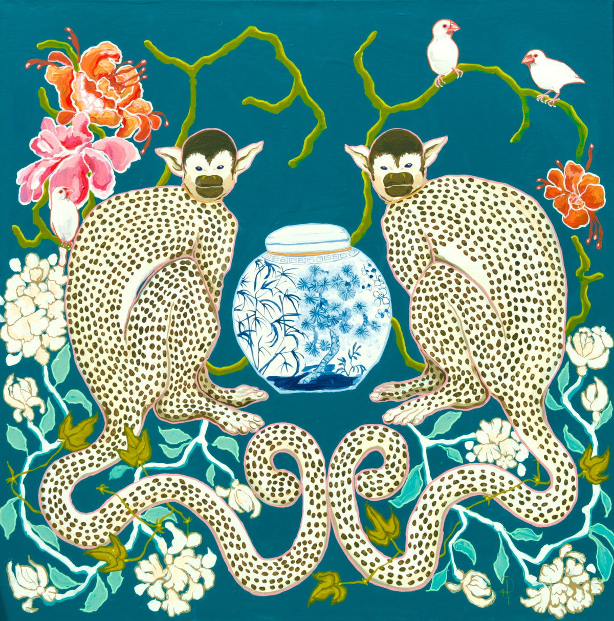 Monkeys on Teal with White Birds - Fine Art Print
