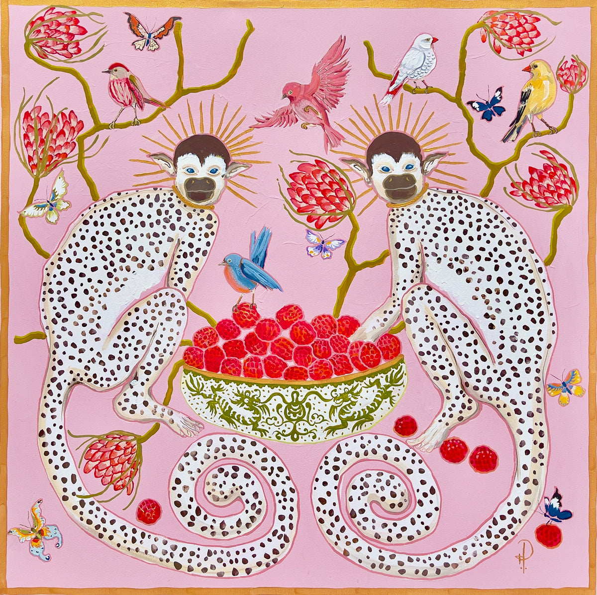 Monkeys on pink with Bowl of Lychees Birds and Protea Blossoms - Fine Art Print