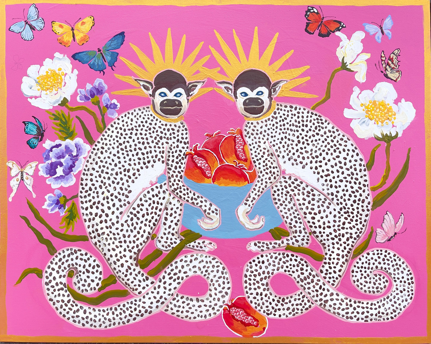 Radiant Monkeys on Deep Pink with Flowers Bowl and Butterflies-Fine Art Print