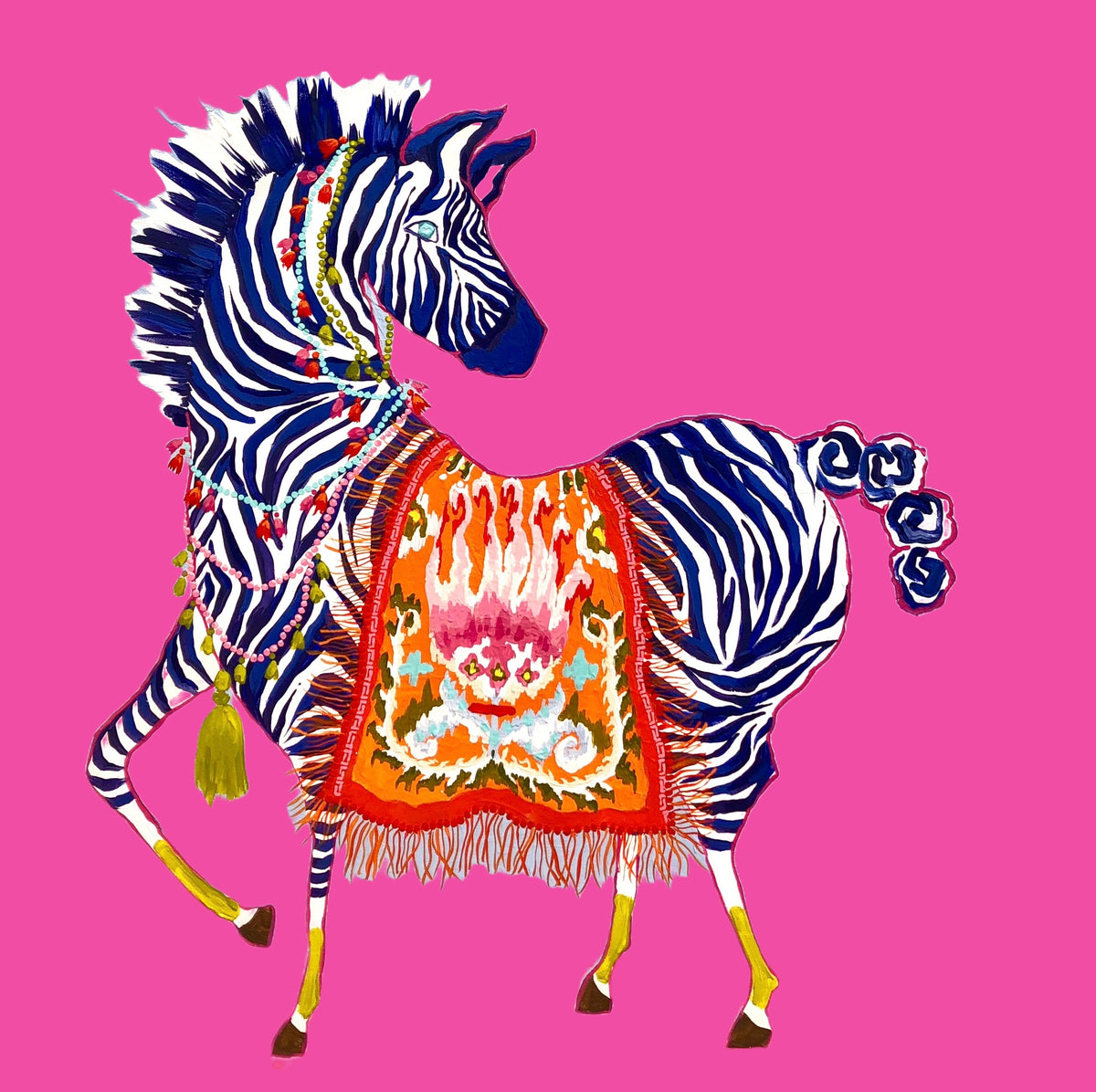 Navy Zebra on Hot Pink with Ikat Blanket - Fine Art Print