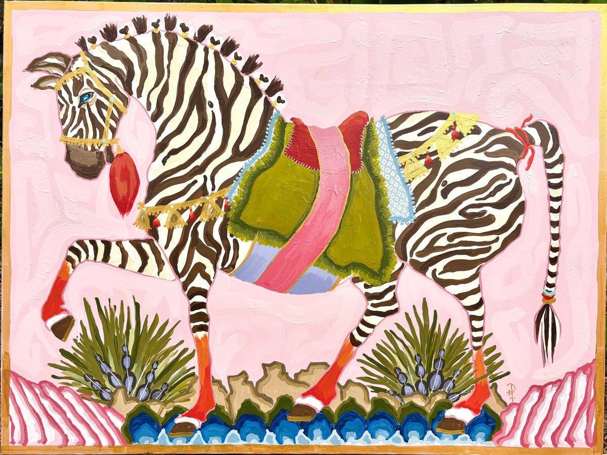 Zebra on Pink Adorned on Patterns of Rocks and Brush-Fine Art Print - Fine Art Print