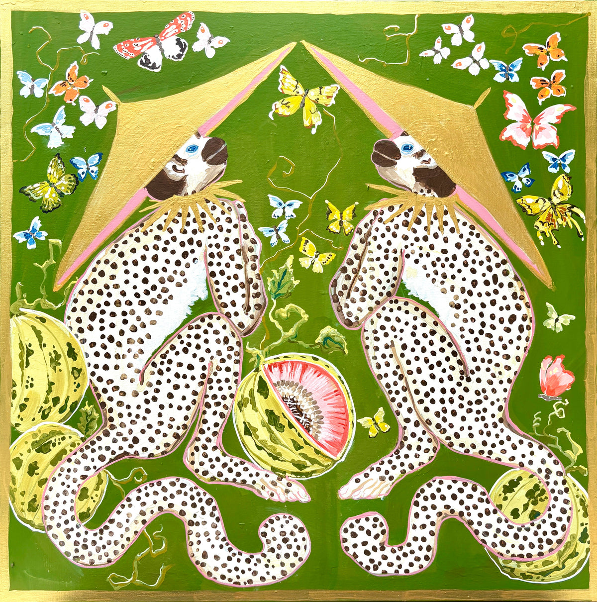Monkeys on Green with Gold Hats and Melons - Fine Art Print