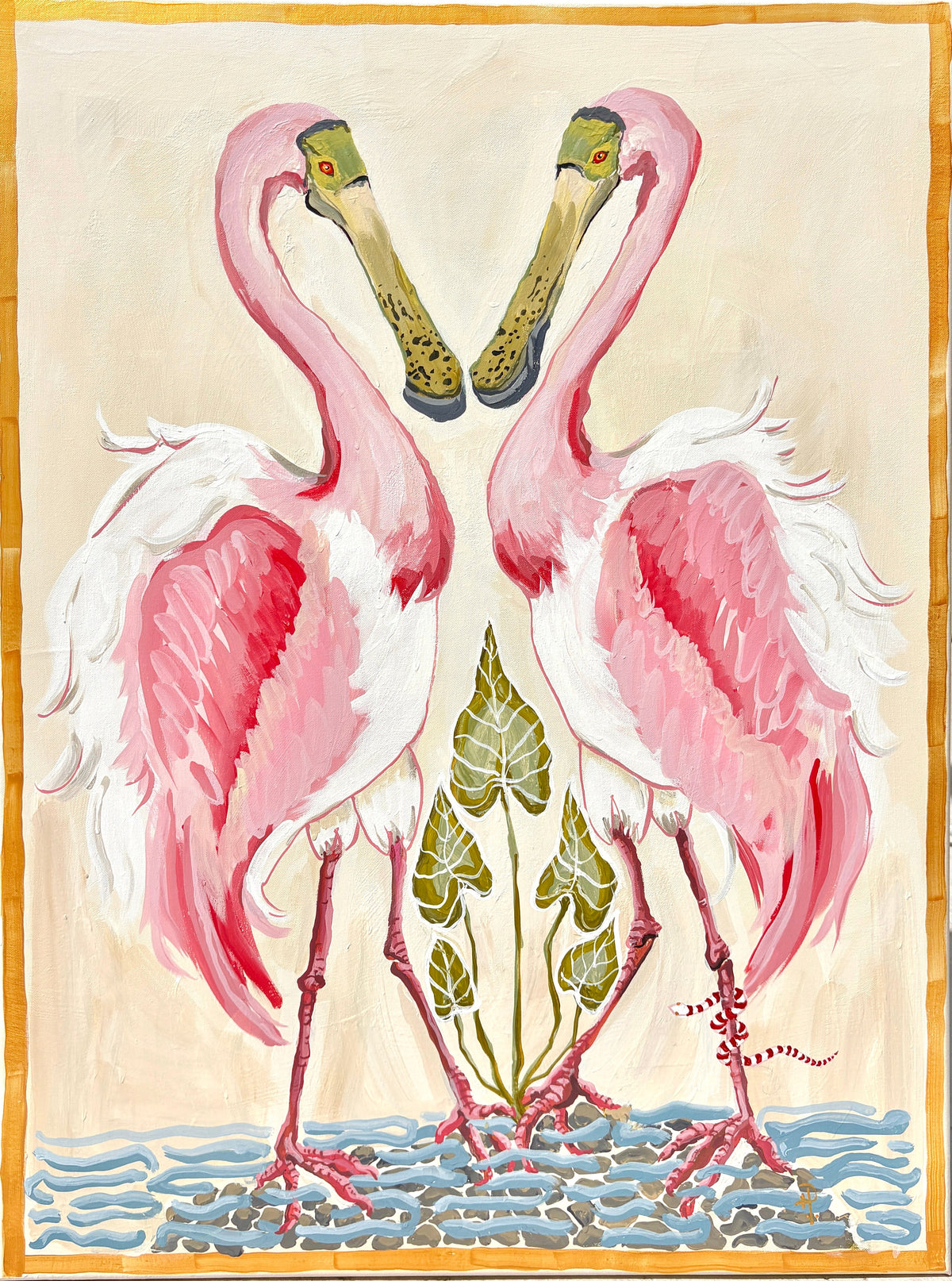 Vertical Spoonbills on Cream-Fine Art Print - Fine Art Print