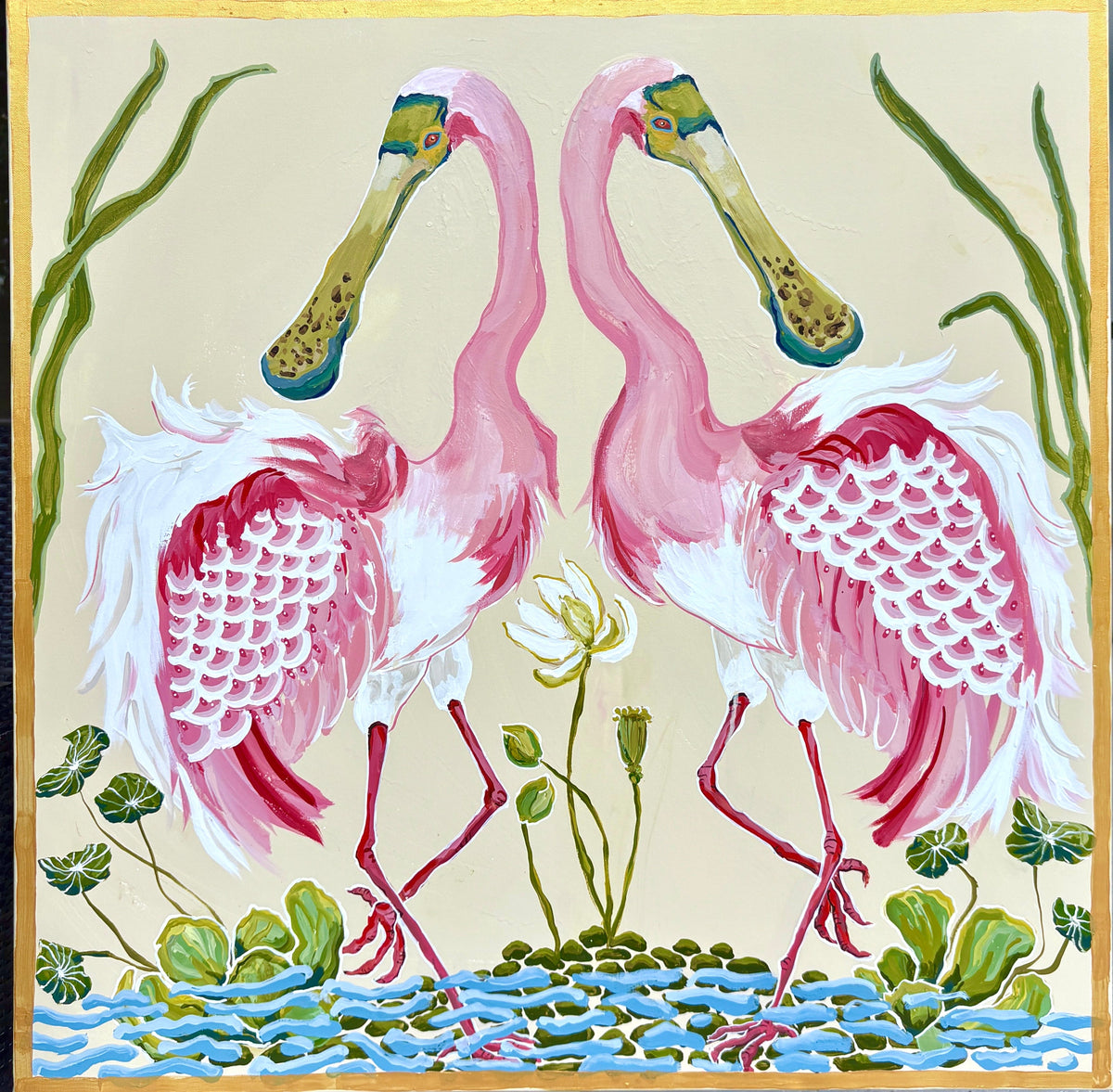 Spoonbills Facing Outward on Cream - Fine Art Print
