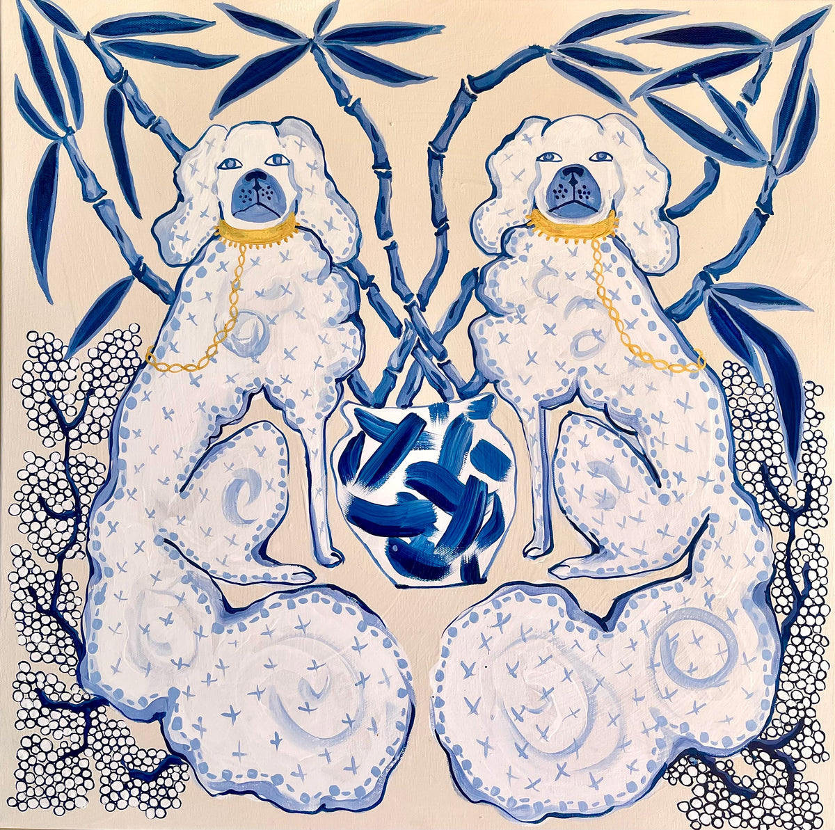 Staffordshire Dogs Blue Bamboo - Fine Art Print