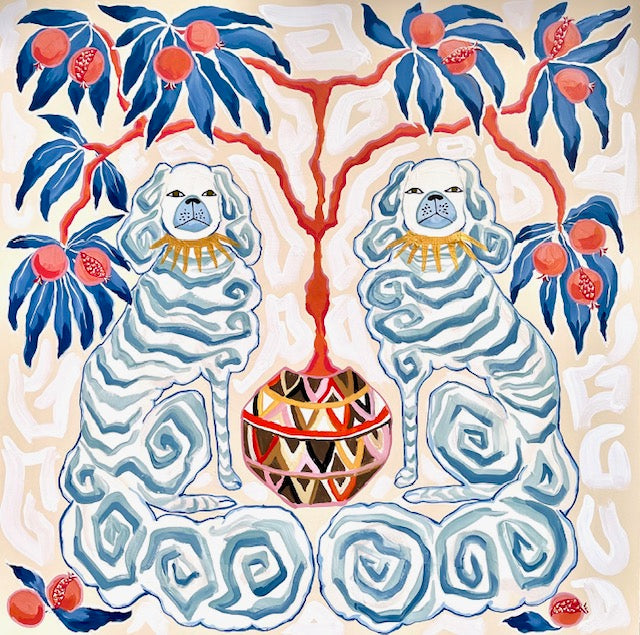 Staffordshire Dogs Oranges Blue Leaves and Pucci Inspired Pot - Fine Art Print