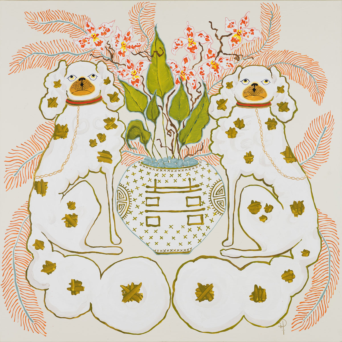 Staffordshire Dogs White with Orange Orchids - Fine Art Print