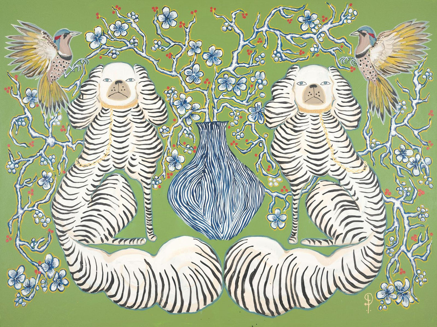 Staffordshire Dogs Greens and Blues with Birds-Fine Art Print