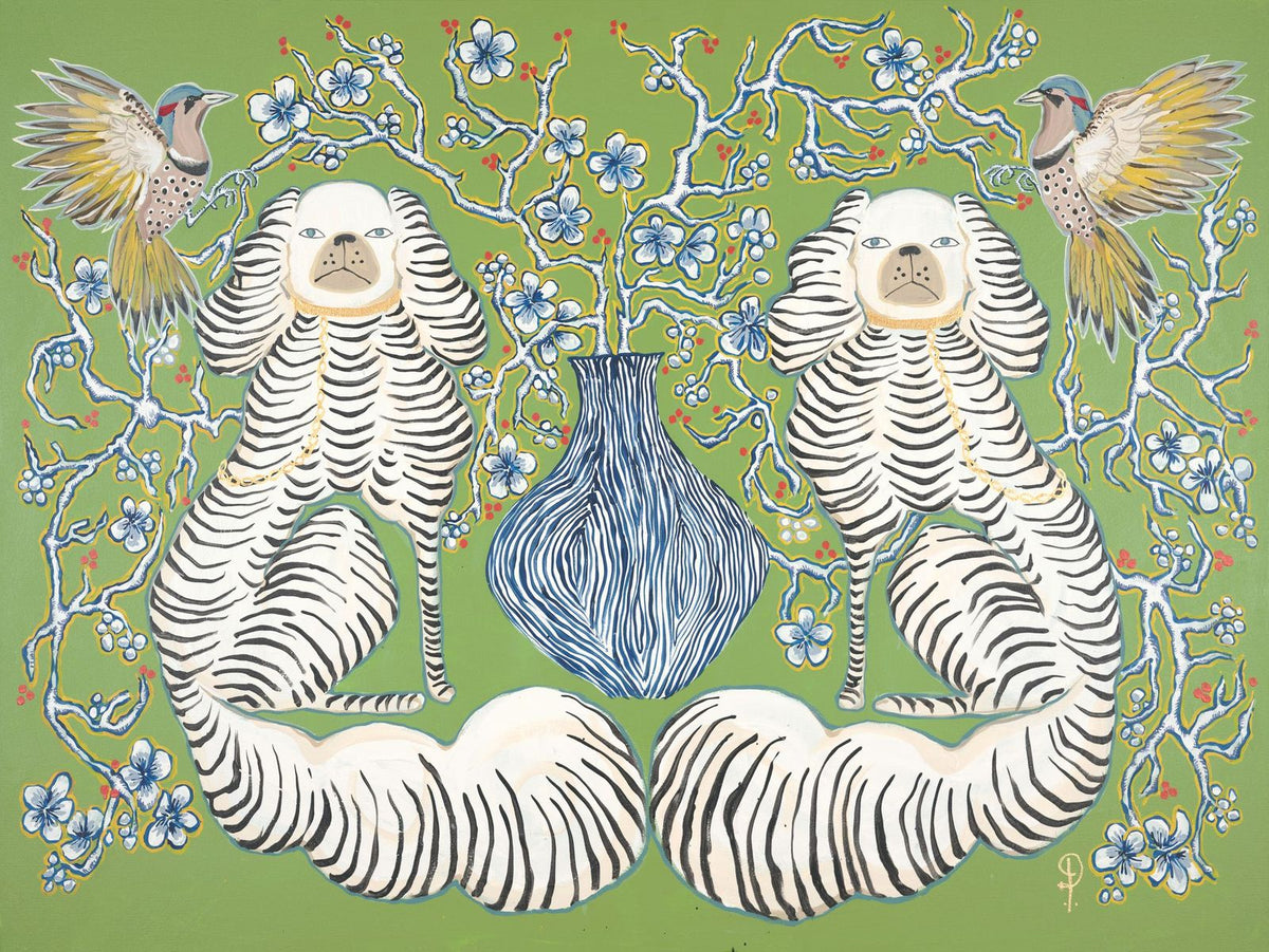 Staffordshire Dogs Greens and Blues with Birds-Fine Art Print - Fine Art Print