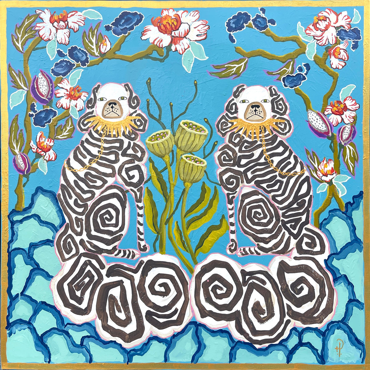 Staffordshire Dogs on Turquoise Brown Swirls Lotus Pods - Fine Art Print