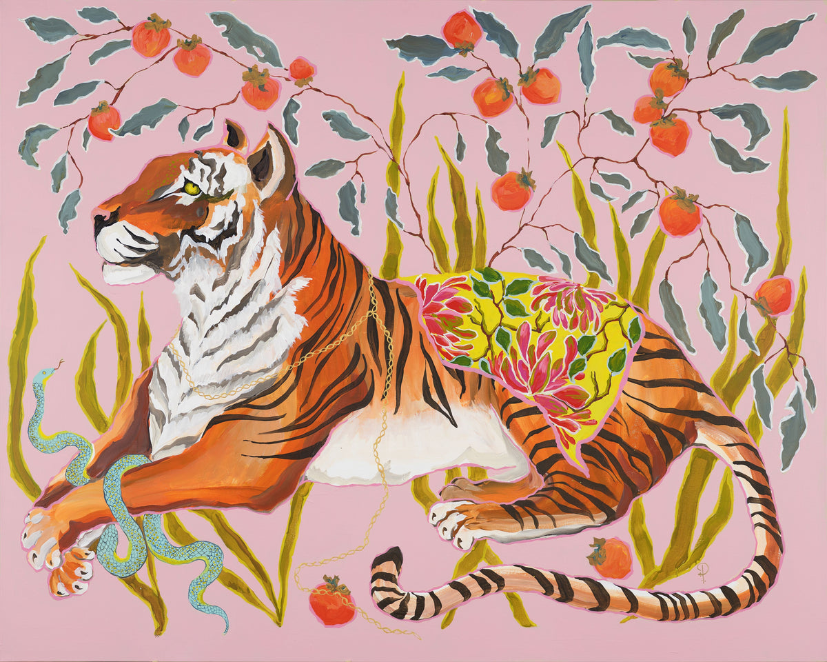 Tiger on Pink with Oranges Snake and Blanket-Fine Art Print - Fine Art Print