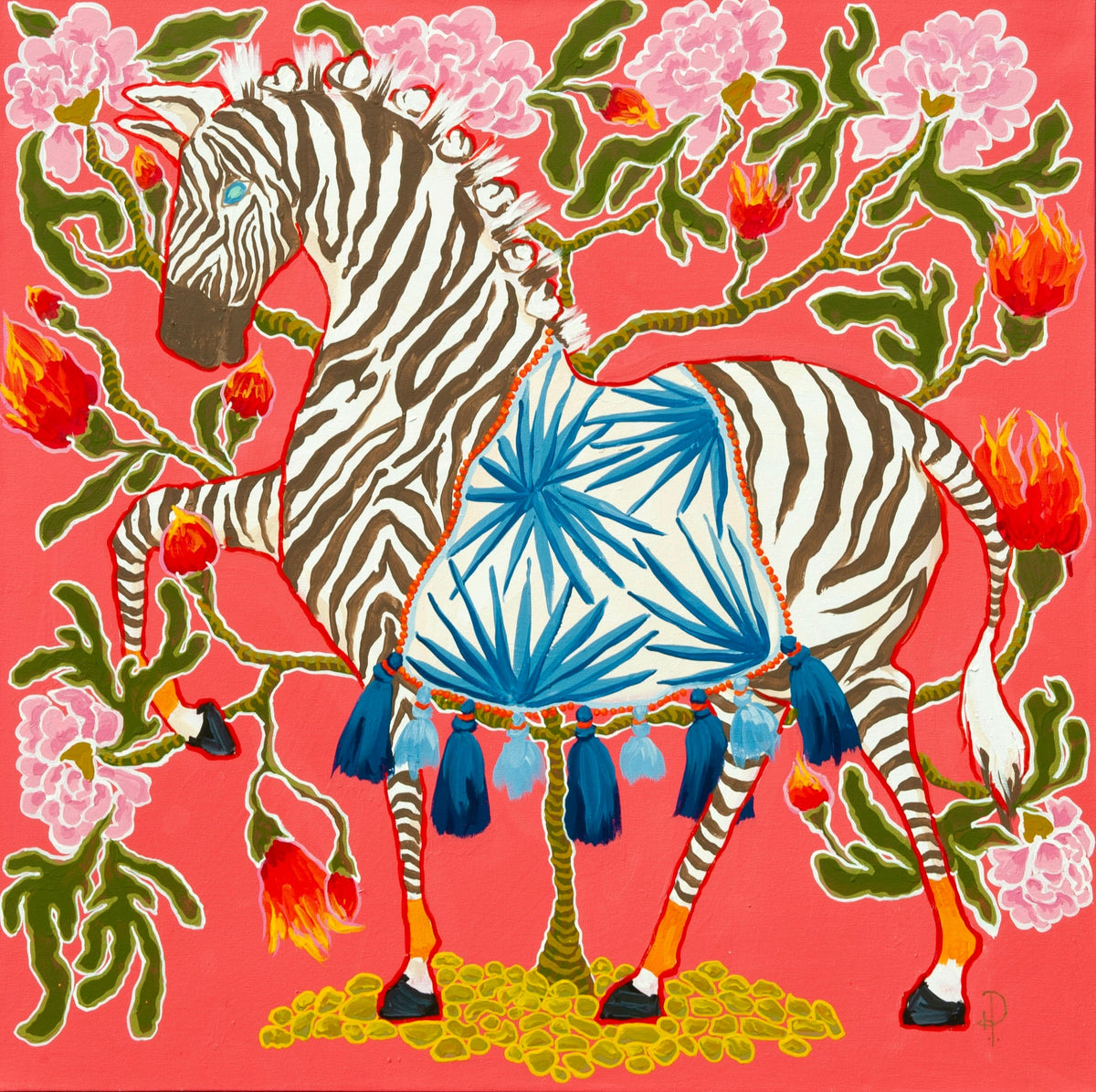 Zebra on Coral with Blue Tassels - Fine Art Print