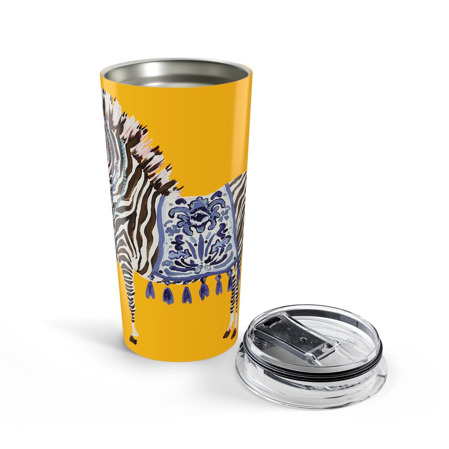 Tumbler 20oz - Brown Zebra Blue and White Blanket on Yellow