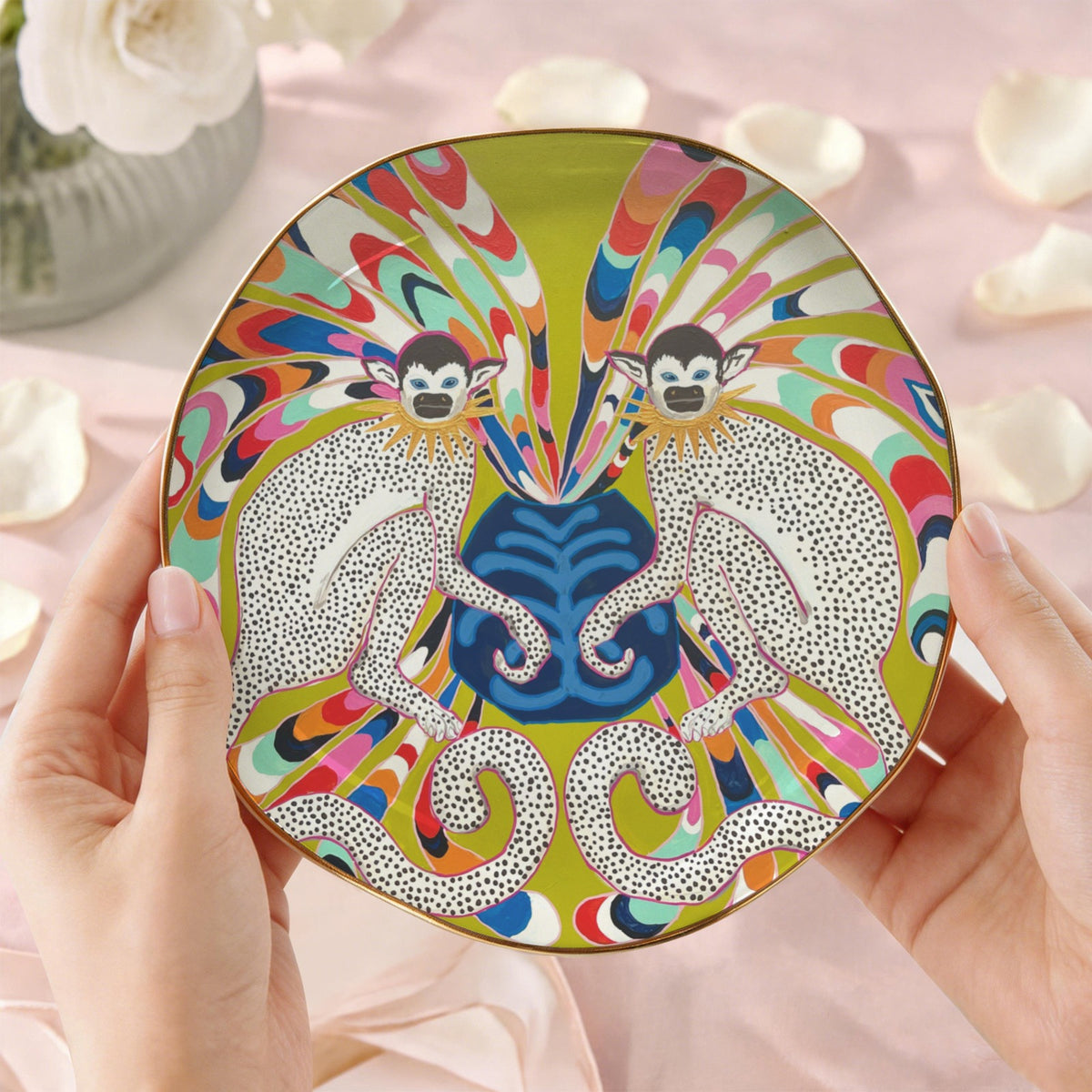 MONKEYS on Green PUCCI INSPIRED Wavy Round Jewelry Dish