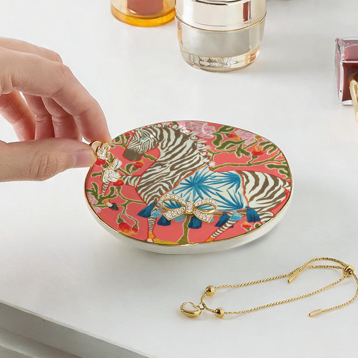 coral zebra with blue tassels 1323 Wavy Round Jewelry Dish