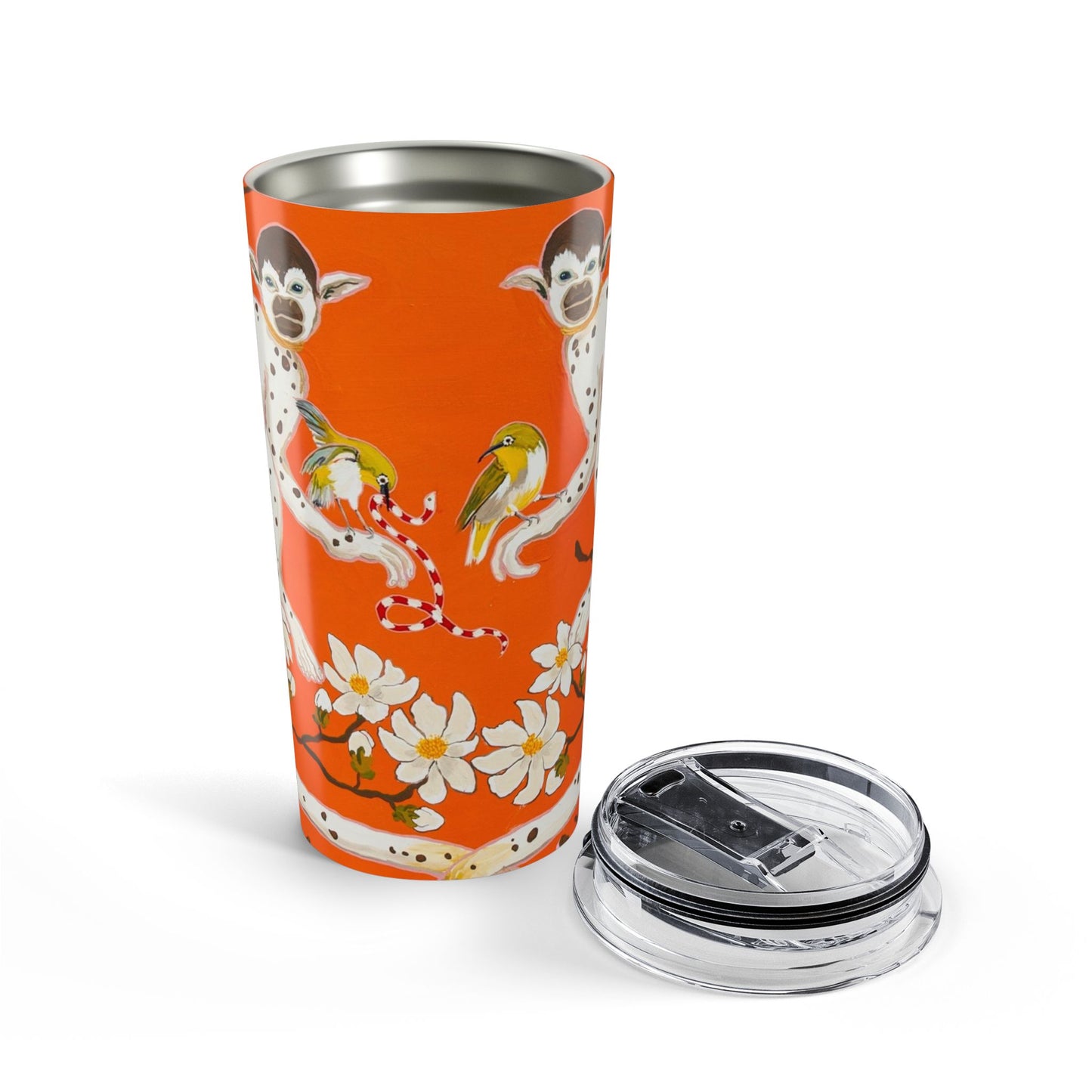Tumbler 20oz - Monkeys on Orange with Blue Flowers
